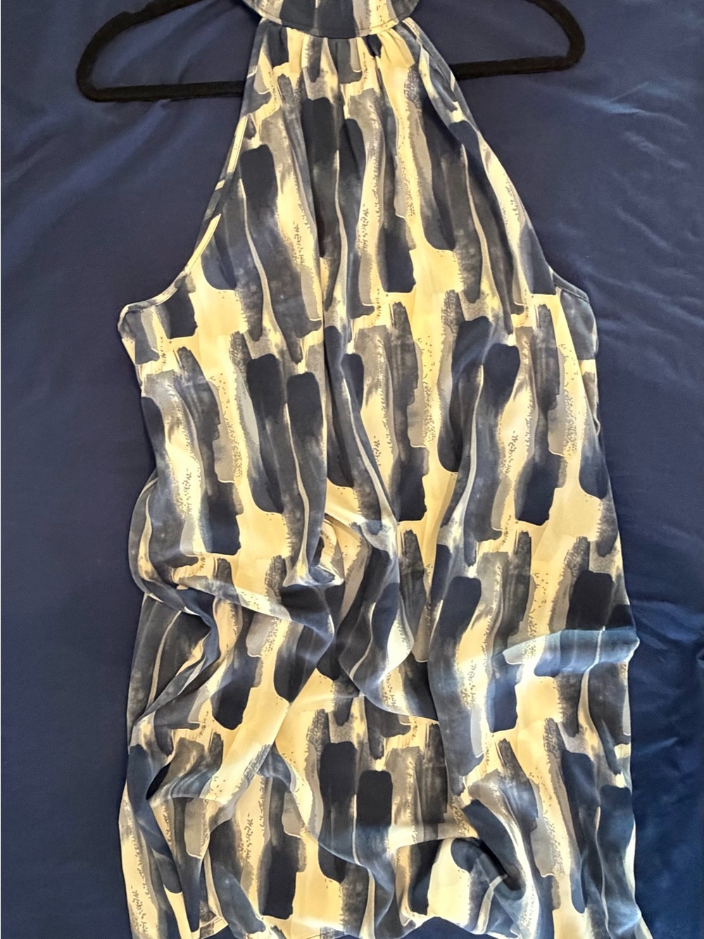Silky Sleeveless Blue and Cream Halter Neck Dress. Abstract Brushstroke.